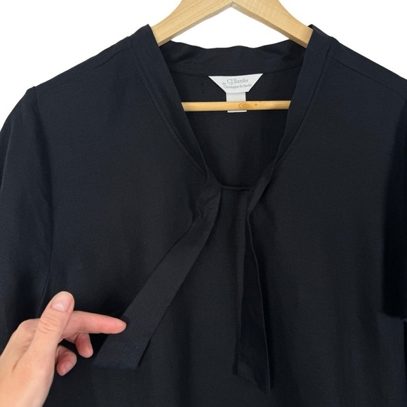 C.J. Banks Linen Blend Tie Neck Flutter Sleeve Blouse Black Size 3X - Picture 4 of 12